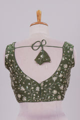 Olive green floral chamki embroidery work readymade designer blouse, sleeveless V neck with back tassels