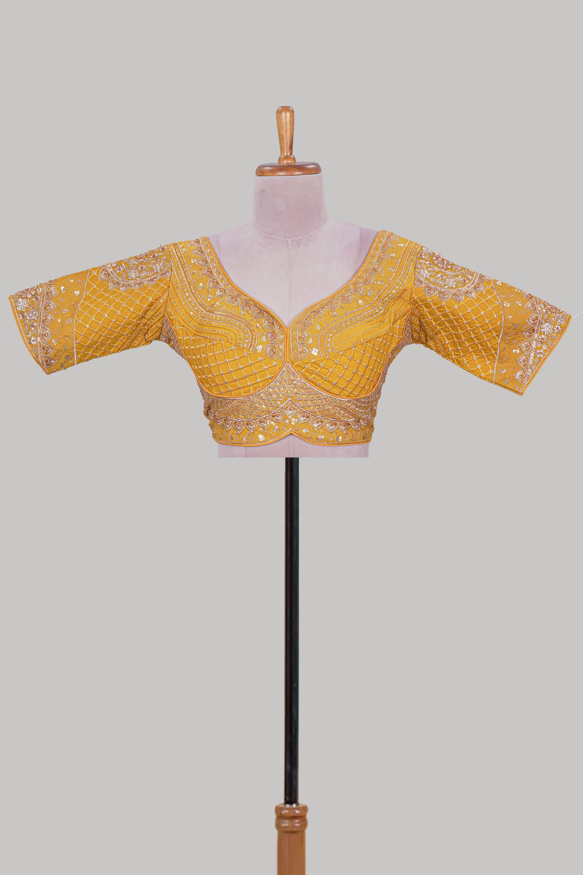Yellow chamki embroidery work readymade designer blouse, half sleeve V neck with back tassels