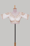 White chamki embroidery work readymade designer blouse, half sleeve V neck with back tassels