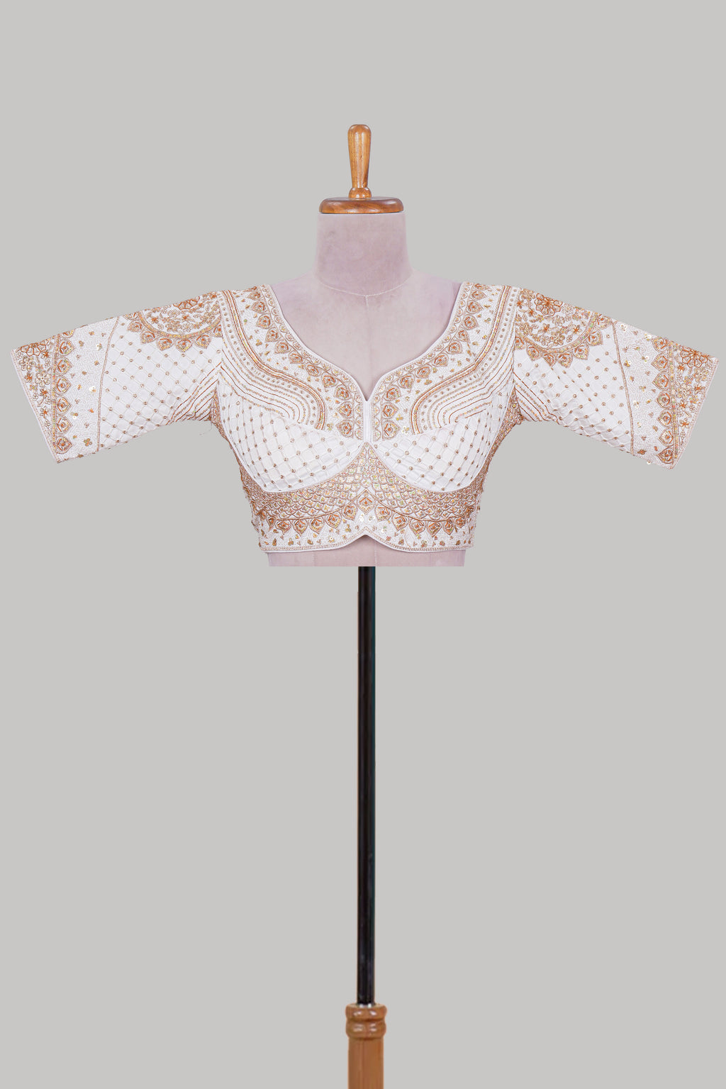 White chamki embroidery work readymade designer blouse, half sleeve V neck with back tassels