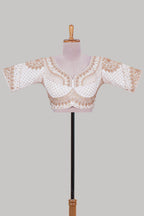White chamki embroidery work readymade designer blouse, half sleeve V neck with back tassels