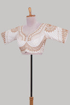 White chamki embroidery work readymade designer blouse, half sleeve V neck with back tassels