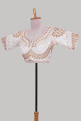 White chamki embroidery work readymade designer blouse, half sleeve V neck with back tassels