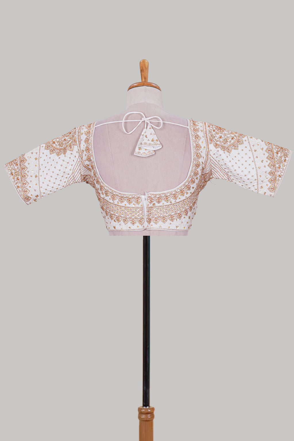 White chamki embroidery work readymade designer blouse, half sleeve V neck with back tassels