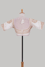 White chamki embroidery work readymade designer blouse, half sleeve V neck with back tassels