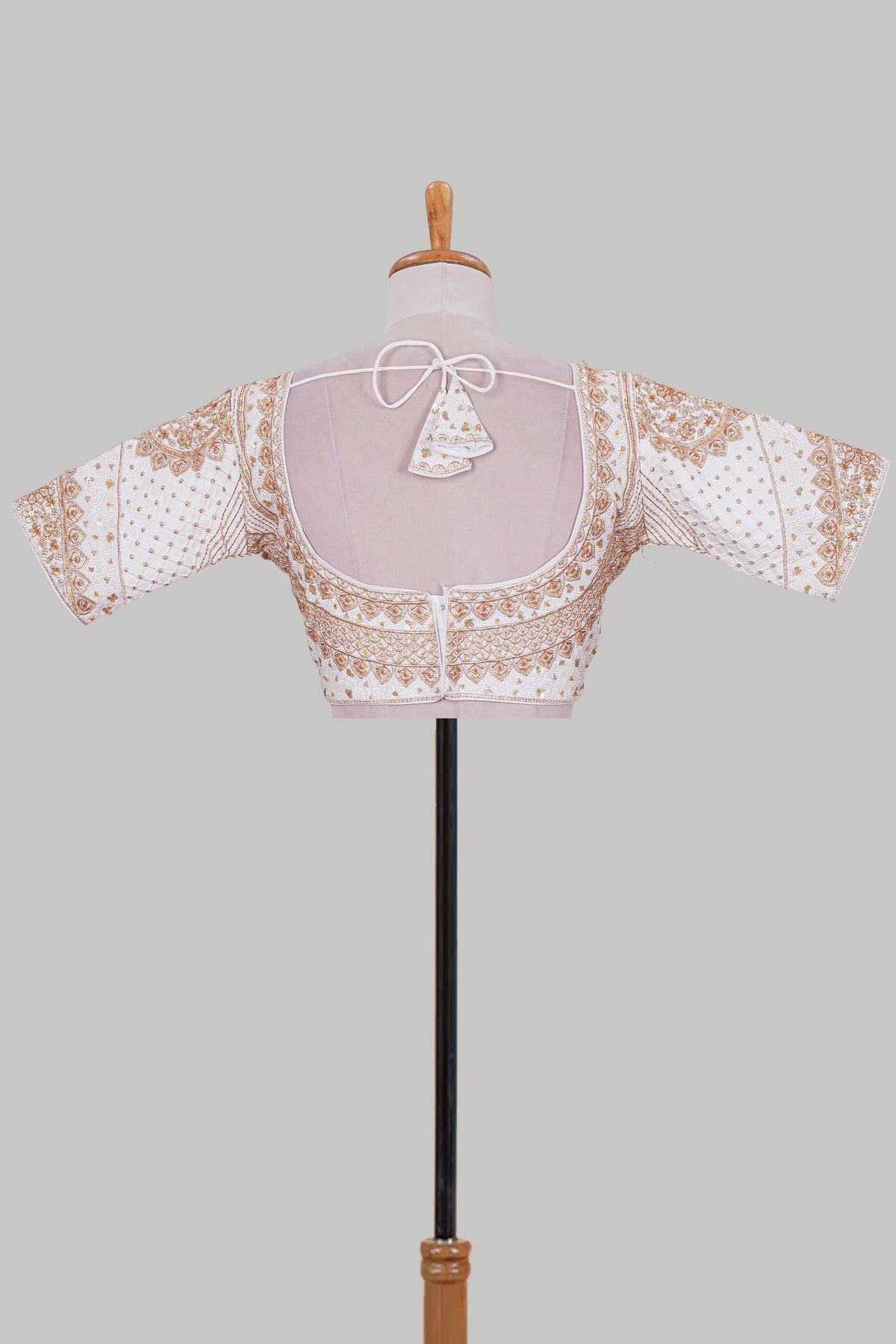White chamki embroidery work readymade designer blouse, half sleeve V neck with back tassels