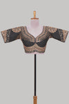 Black chamki embroidery work readymade designer blouse, half sleeve V neck with back tassels