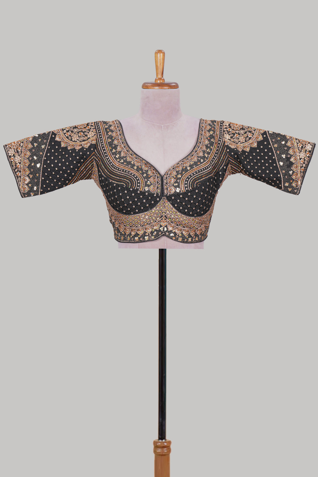 Black chamki embroidery work readymade designer blouse, half sleeve V neck with back tassels