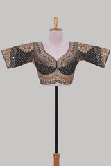 Black chamki embroidery work readymade designer blouse, half sleeve V neck with back tassels