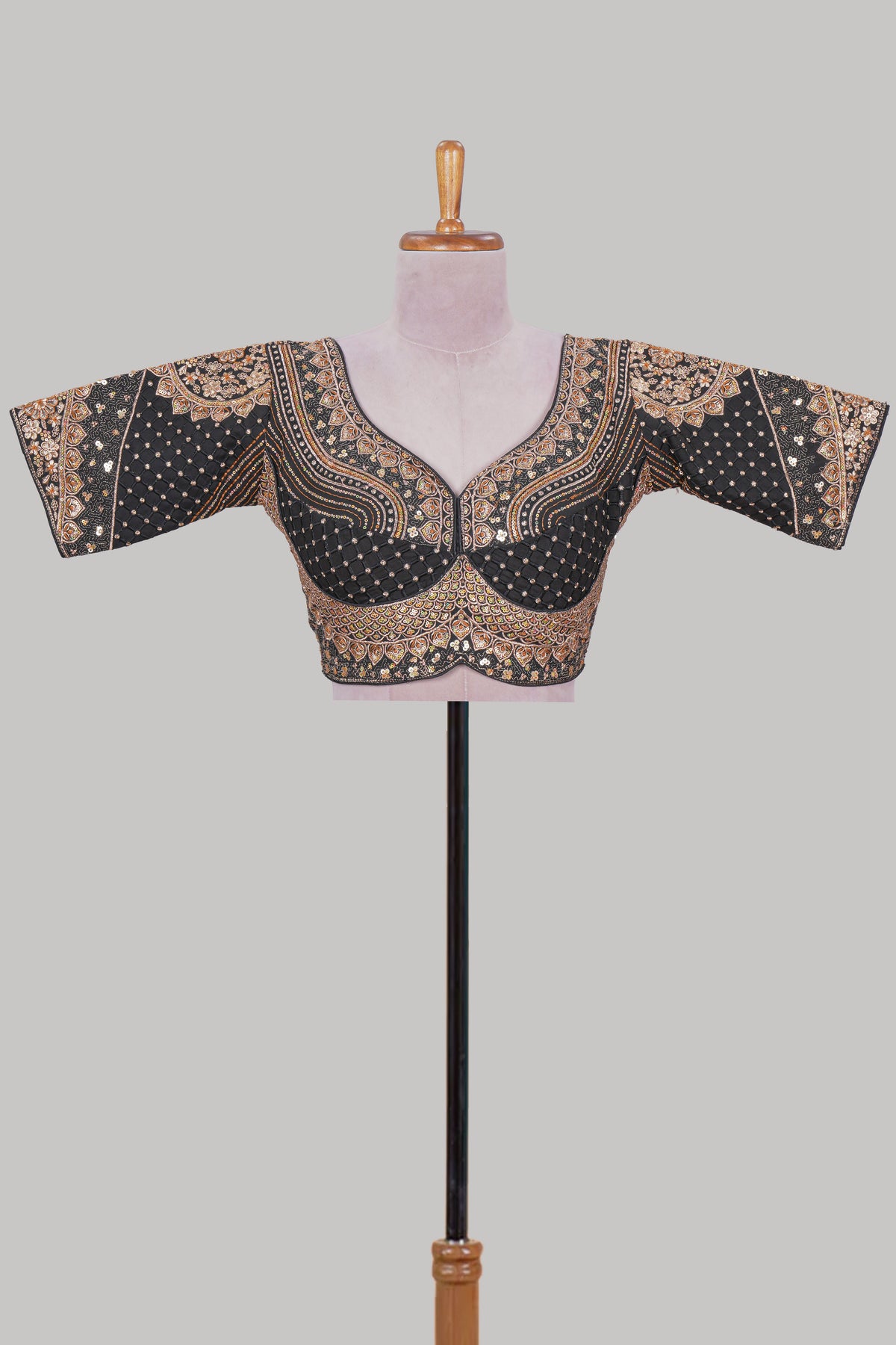 Black chamki embroidery work readymade designer blouse, half sleeve V neck with back tassels