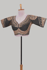 Black chamki embroidery work readymade designer blouse, half sleeve V neck with back tassels