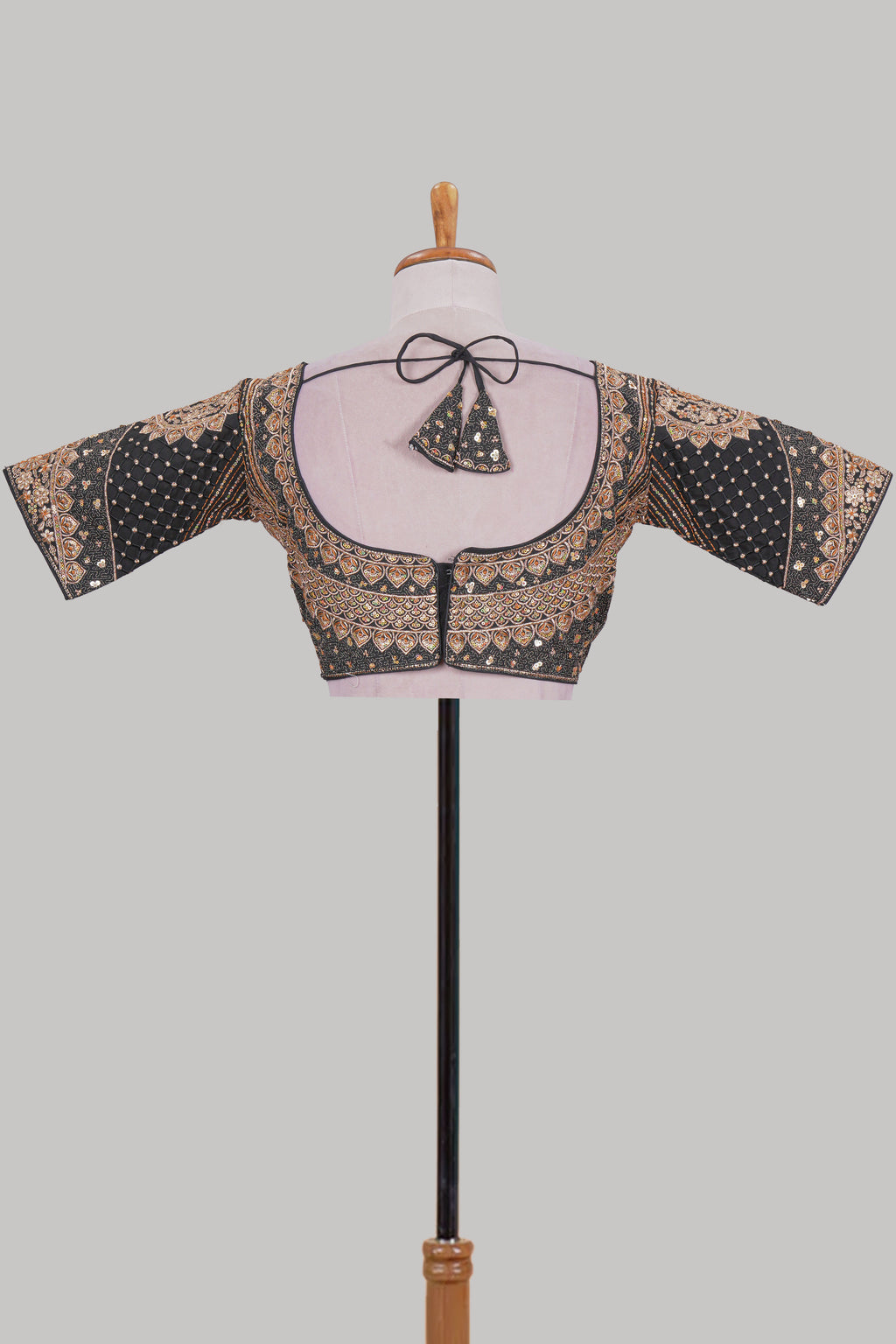 Black chamki embroidery work readymade designer blouse, half sleeve V neck with back tassels
