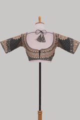 Black chamki embroidery work readymade designer blouse, half sleeve V neck with back tassels