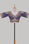 Blue chamki embroidery work readymade designer blouse, half sleeve V neck with back tassels