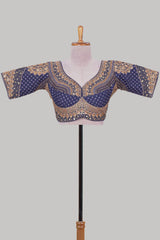 Blue chamki embroidery work readymade designer blouse, half sleeve V neck with back tassels