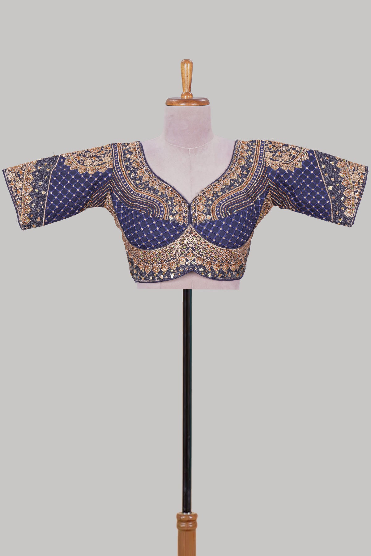 Blue chamki embroidery work readymade designer blouse, half sleeve V neck with back tassels