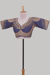 Blue chamki embroidery work readymade designer blouse, half sleeve V neck with back tassels