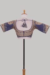 Blue chamki embroidery work readymade designer blouse, half sleeve V neck with back tassels