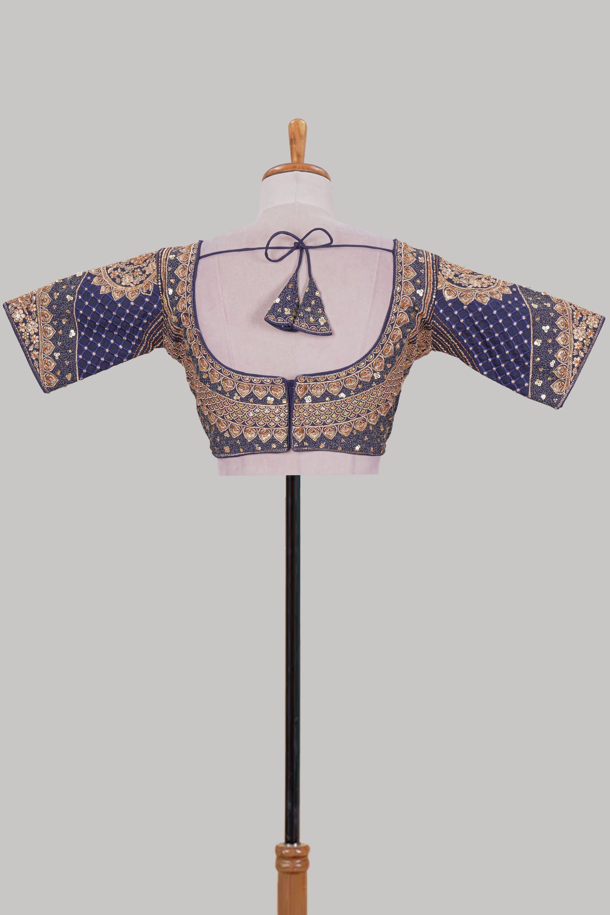 Blue chamki embroidery work readymade designer blouse, half sleeve V neck with back tassels