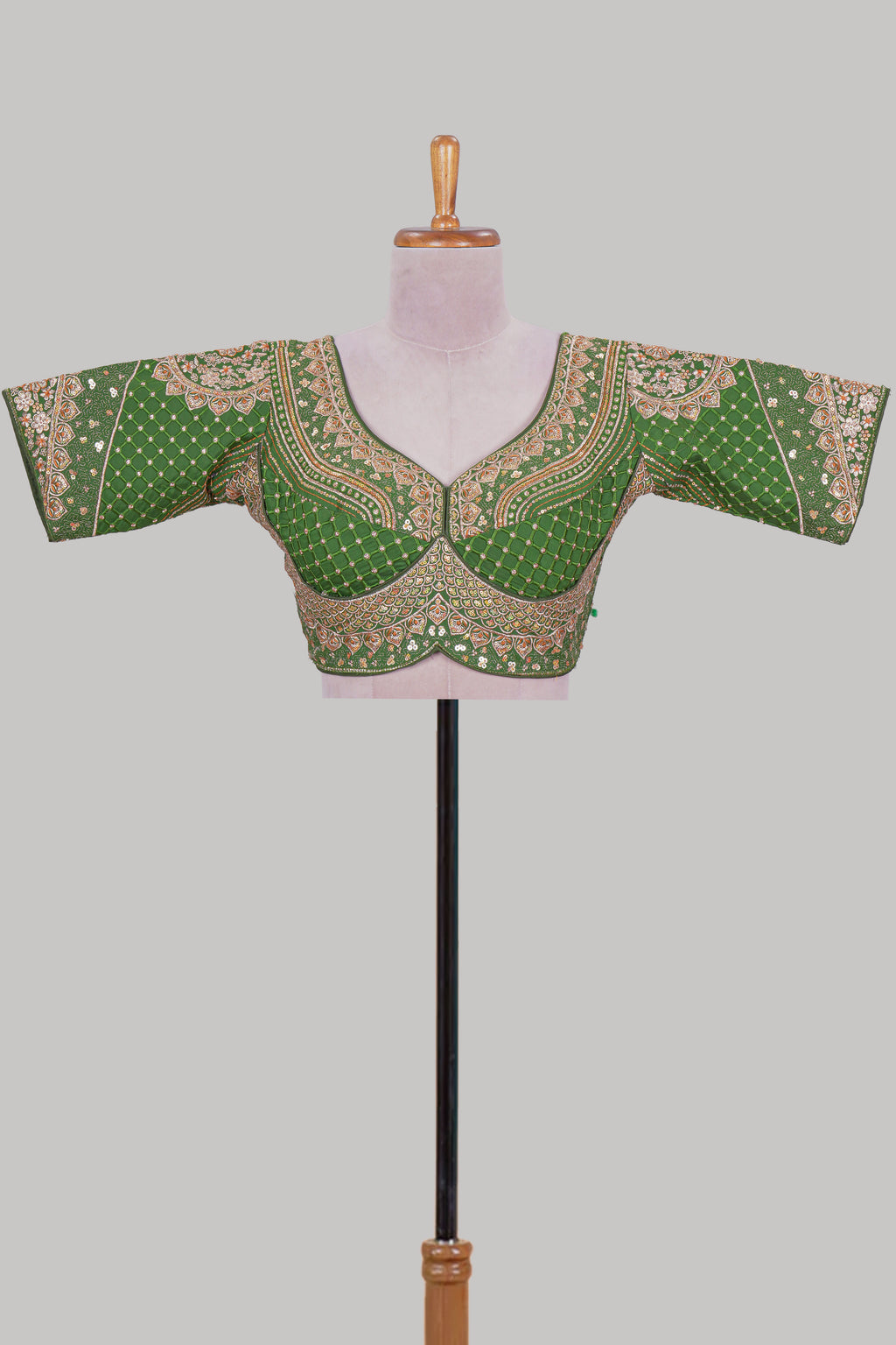 Green chamki embroidery work readymade designer blouse, half sleeve V neck with back tassels