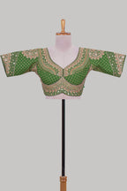 Green chamki embroidery work readymade designer blouse, half sleeve V neck with back tassels