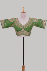 Green chamki embroidery work readymade designer blouse, half sleeve V neck with back tassels
