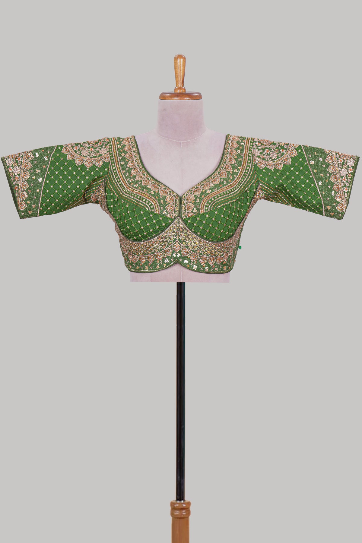 Green chamki embroidery work readymade designer blouse, half sleeve V neck with back tassels