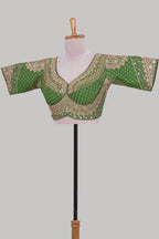 Green chamki embroidery work readymade designer blouse, half sleeve V neck with back tassels