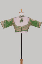 Green chamki embroidery work readymade designer blouse, half sleeve V neck with back tassels