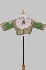 Green chamki embroidery work readymade designer blouse, half sleeve V neck with back tassels