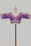 Violet chamki embroidery work readymade designer blouse, half sleeve V neck with back tassels