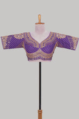 Violet chamki embroidery work readymade designer blouse, half sleeve V neck with back tassels