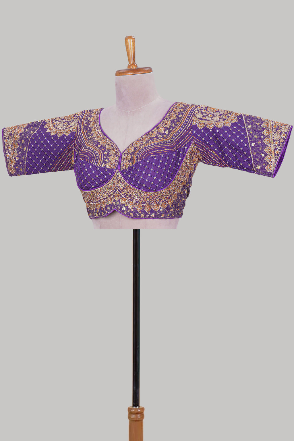 Violet chamki embroidery work readymade designer blouse, half sleeve V neck with back tassels
