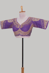 Violet chamki embroidery work readymade designer blouse, half sleeve V neck with back tassels