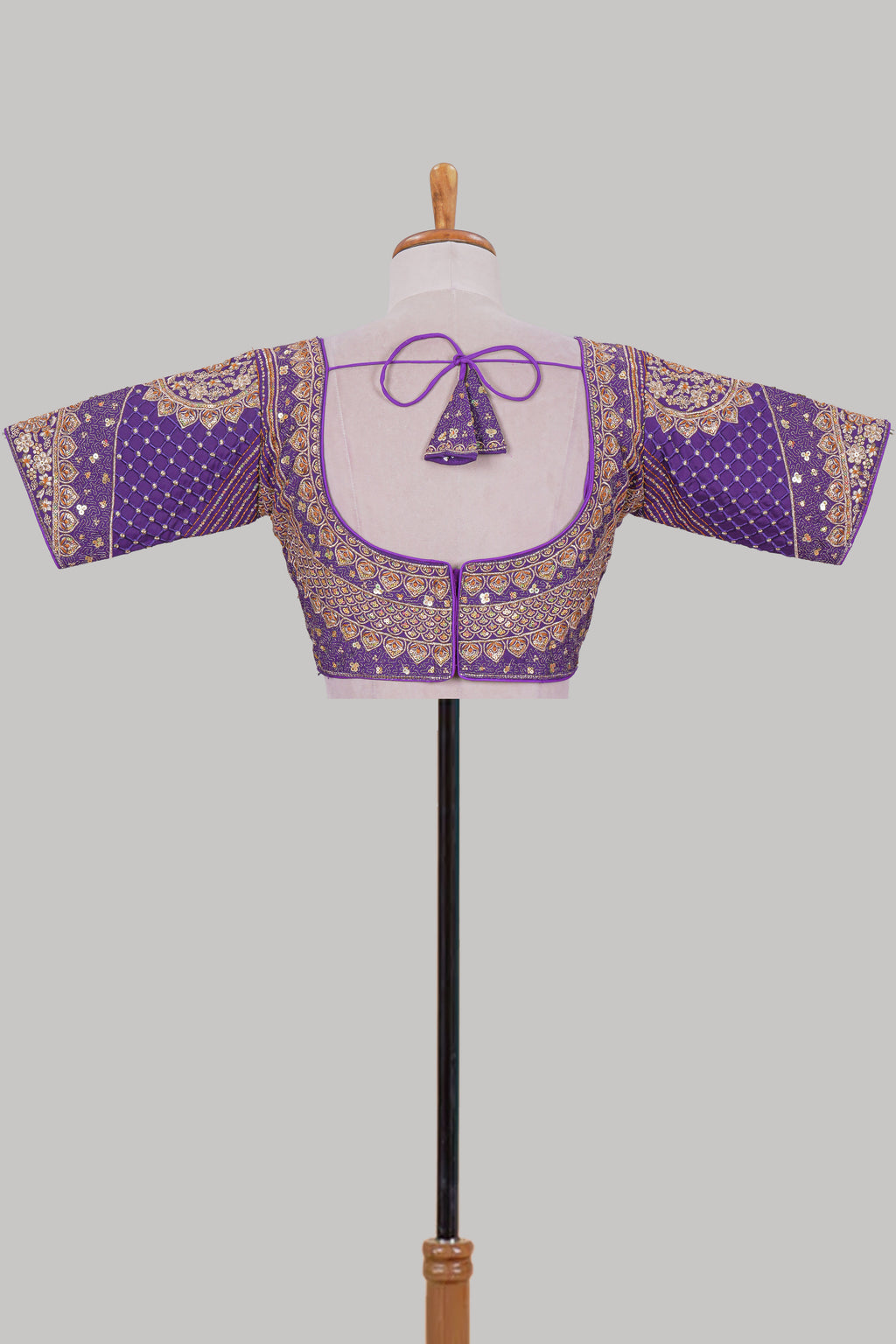 Violet chamki embroidery work readymade designer blouse, half sleeve V neck with back tassels