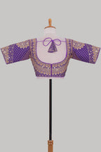 Violet chamki embroidery work readymade designer blouse, half sleeve V neck with back tassels
