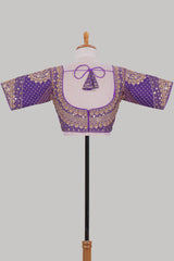 Violet chamki embroidery work readymade designer blouse, half sleeve V neck with back tassels