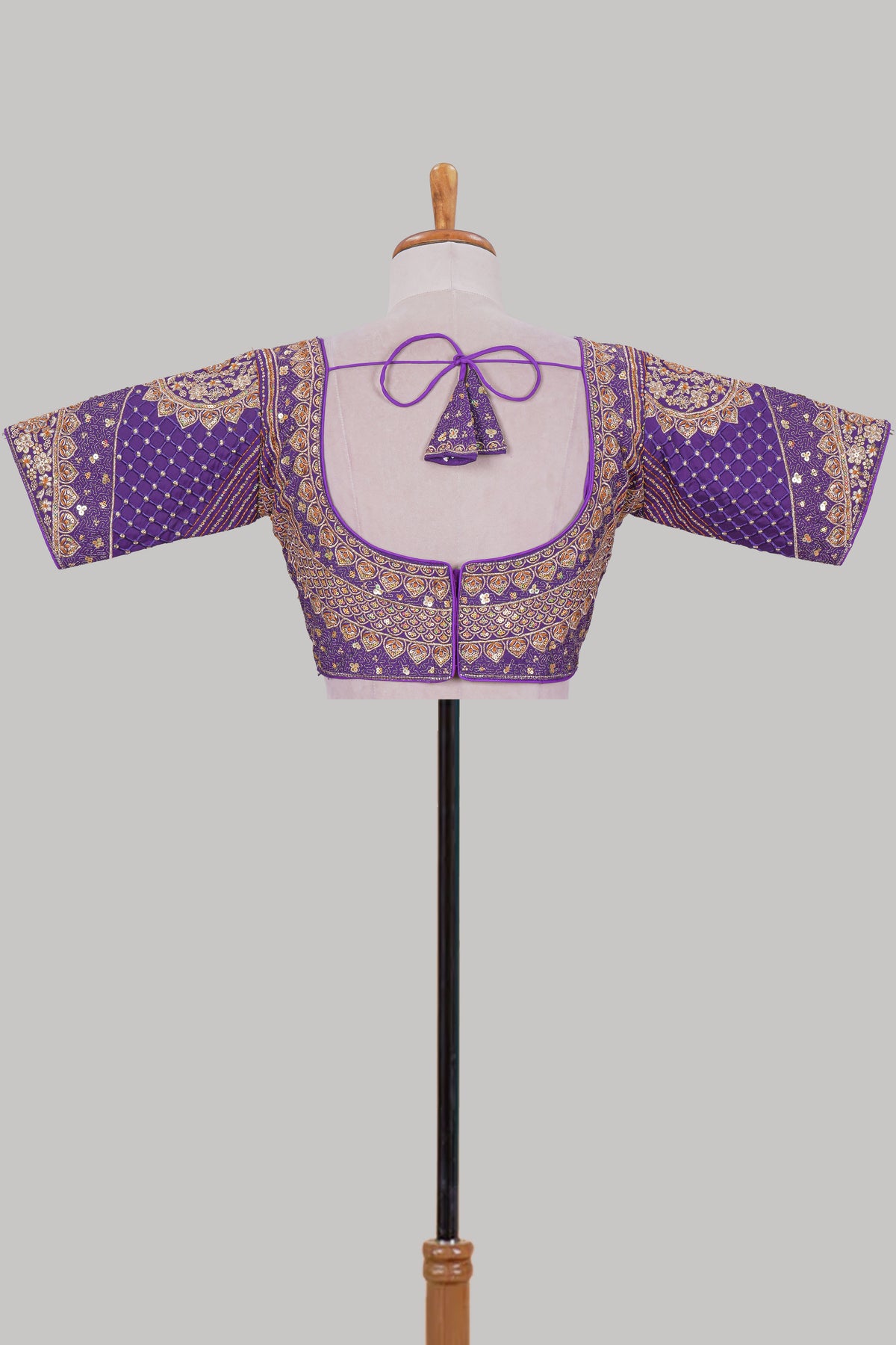 Violet chamki embroidery work readymade designer blouse, half sleeve V neck with back tassels