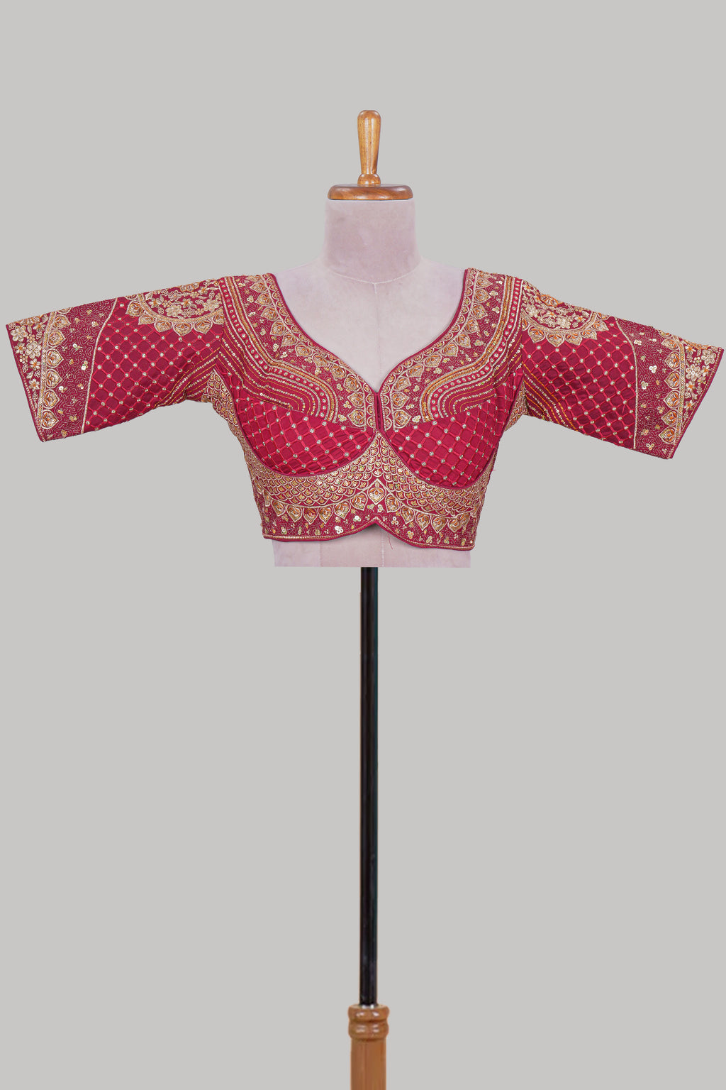 Red chamki embroidery work readymade designer blouse, half sleeve V neck with back tassels