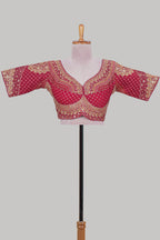 Red chamki embroidery work readymade designer blouse, half sleeve V neck with back tassels