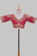 Red chamki embroidery work readymade designer blouse, half sleeve V neck with back tassels