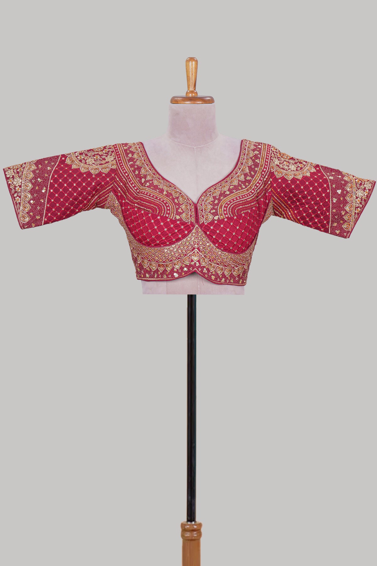 Red chamki embroidery work readymade designer blouse, half sleeve V neck with back tassels