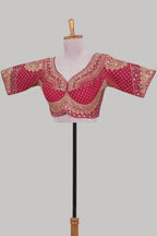 Red chamki embroidery work readymade designer blouse, half sleeve V neck with back tassels