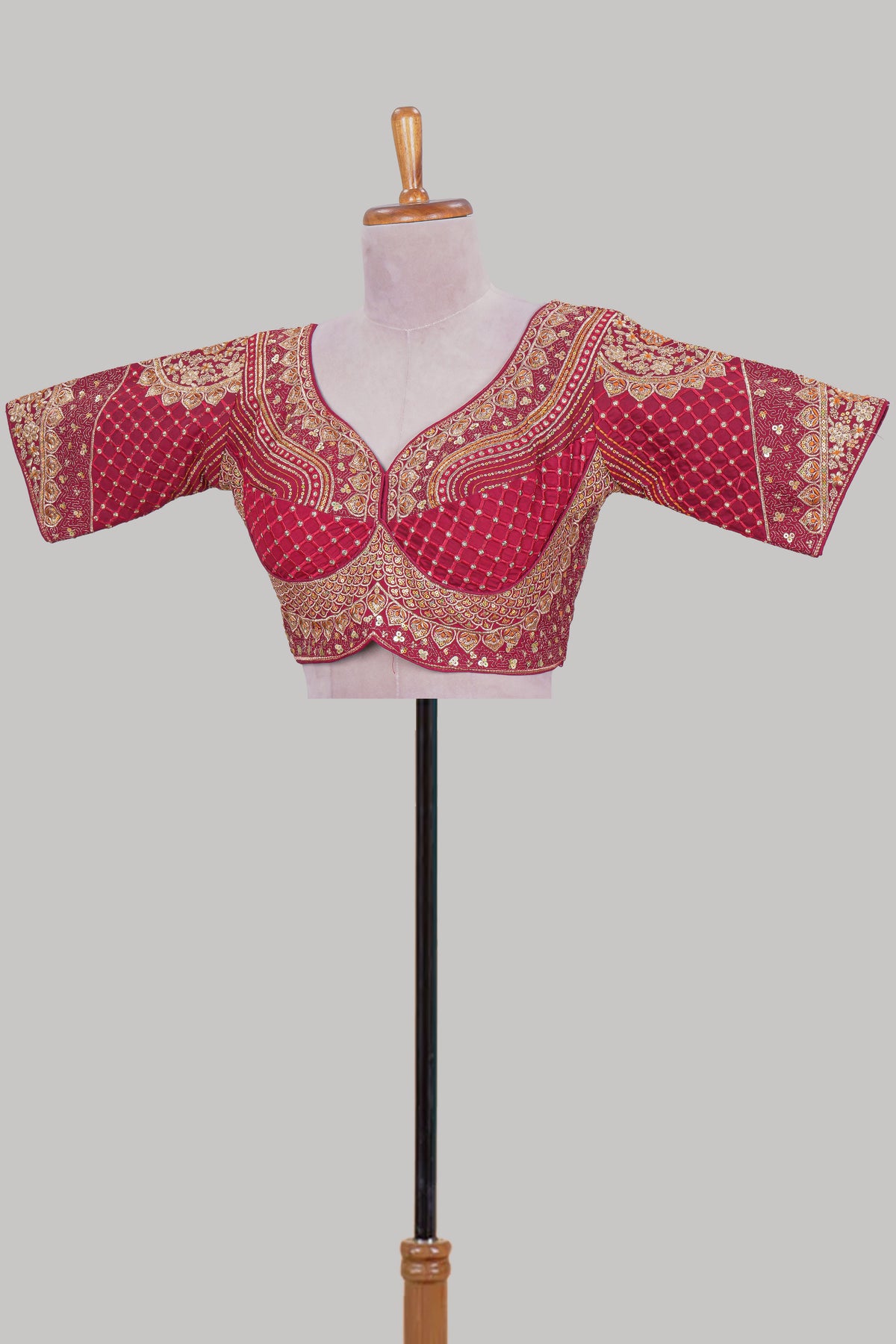 Red chamki embroidery work readymade designer blouse, half sleeve V neck with back tassels