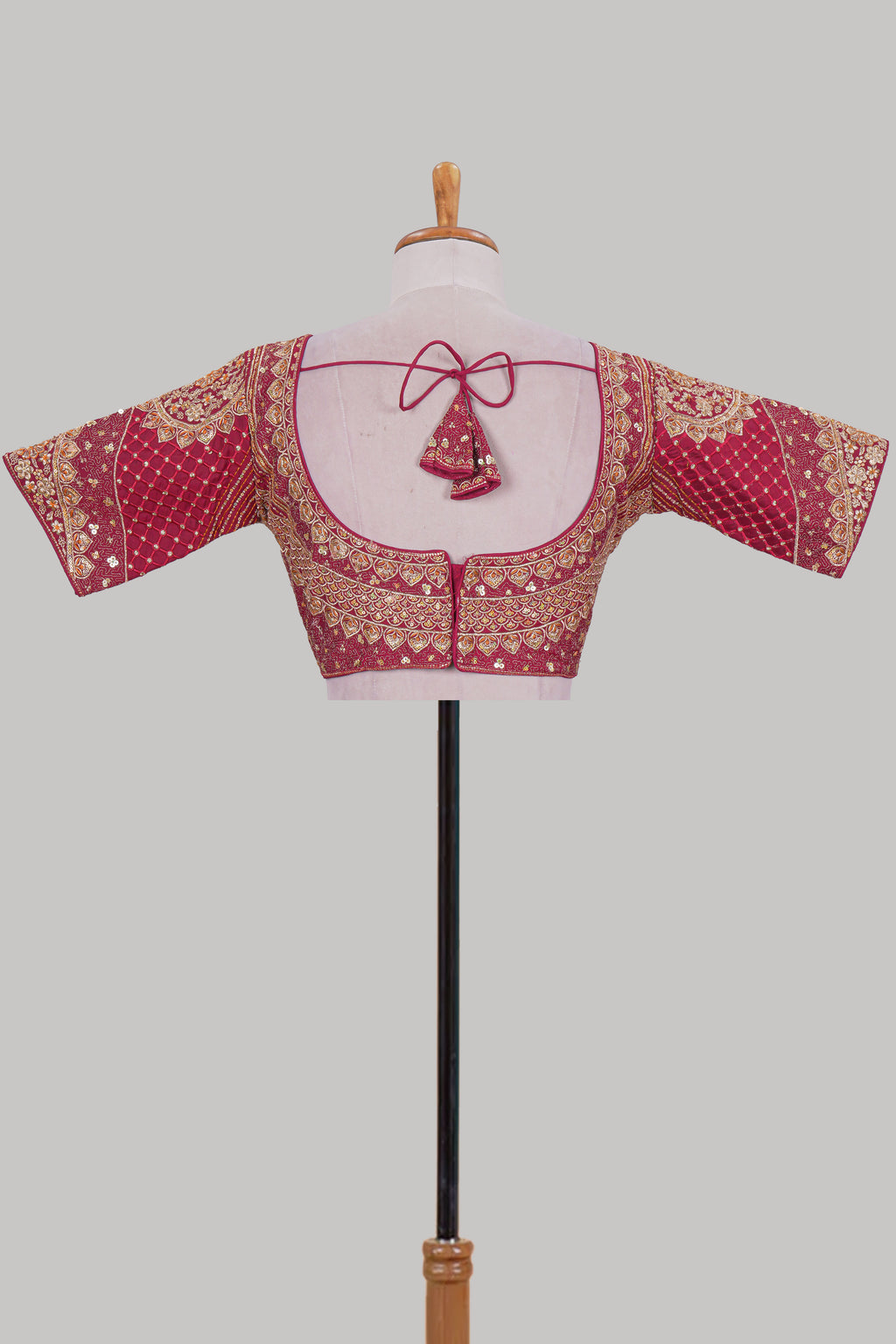 Red chamki embroidery work readymade designer blouse, half sleeve V neck with back tassels