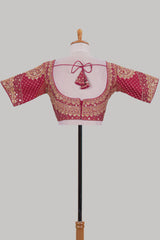 Red chamki embroidery work readymade designer blouse, half sleeve V neck with back tassels