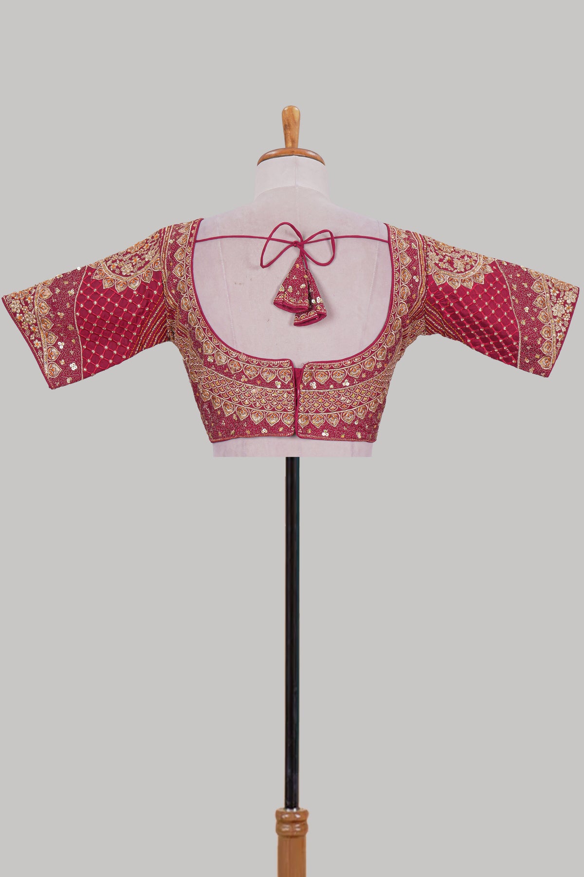 Red chamki embroidery work readymade designer blouse, half sleeve V neck with back tassels