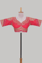 Pink chamki embroidery work readymade designer blouse, half sleeve V neck with back tassels