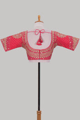 Pink chamki embroidery work readymade designer blouse, half sleeve V neck with back tassels