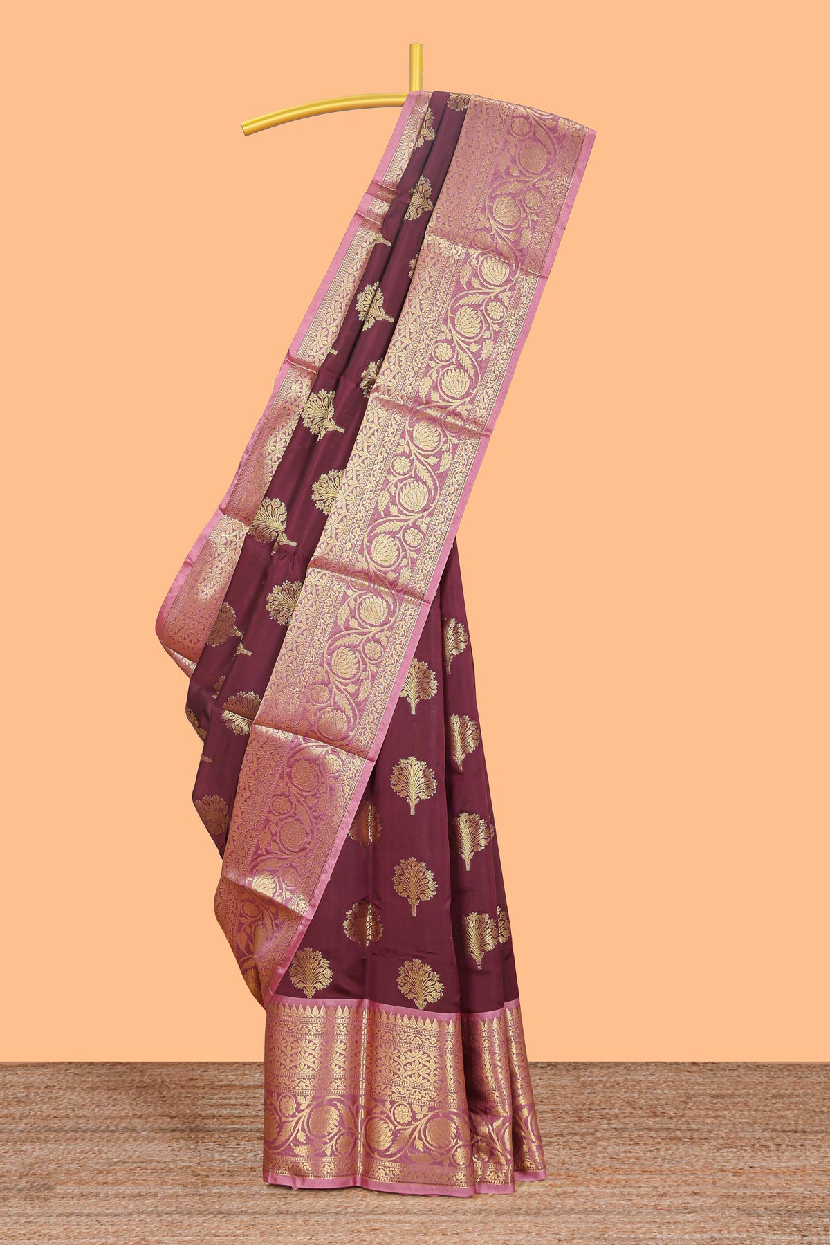 Maroon floral design zari butta raw silk saree with contrast zari border and pallu